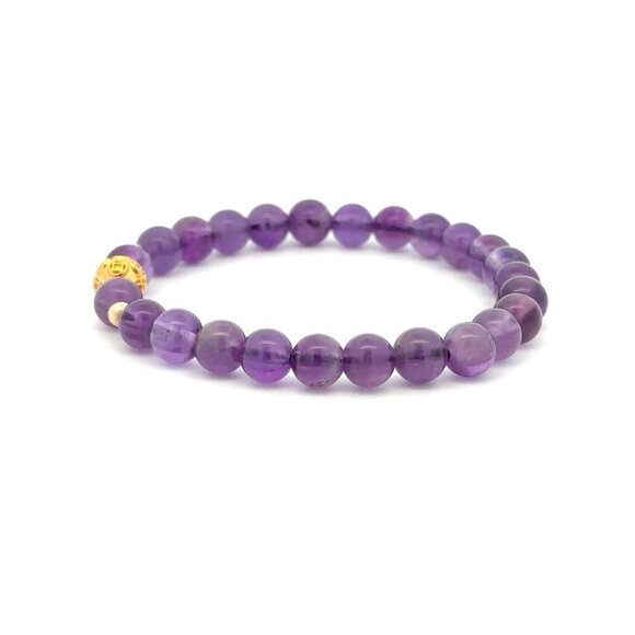 18K Gold Money Ball Lucky Charm Beads Bracelet Gemstones Amethyst 6mm - Picture 9 of 9